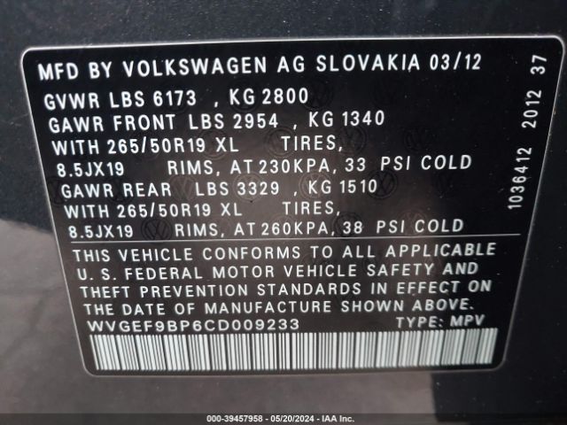 Photo 8 VIN: WVGEF9BP6CD009233 - VOLKSWAGEN TOUAREG 