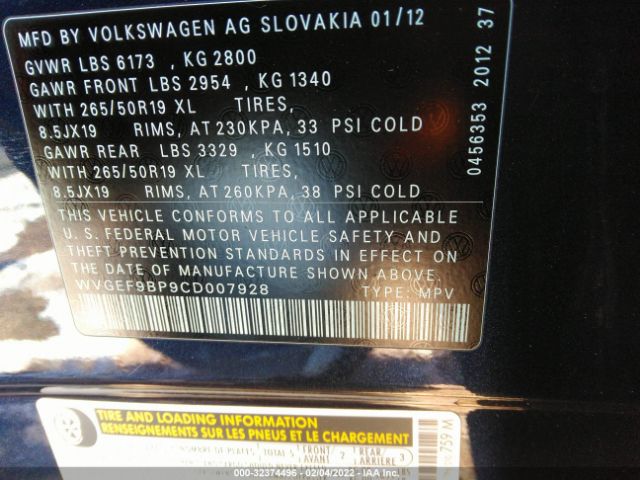 Photo 8 VIN: WVGEF9BP9CD007928 - VOLKSWAGEN TOUAREG 