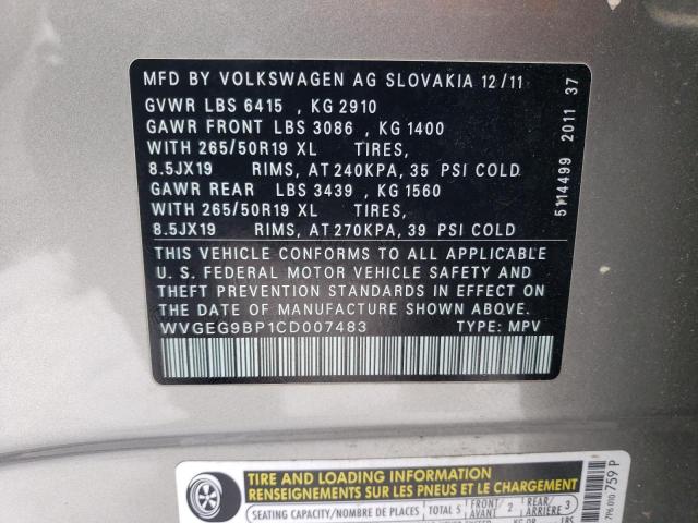 Photo 11 VIN: WVGEG9BP1CD007483 - VOLKSWAGEN TOUAREG HY 