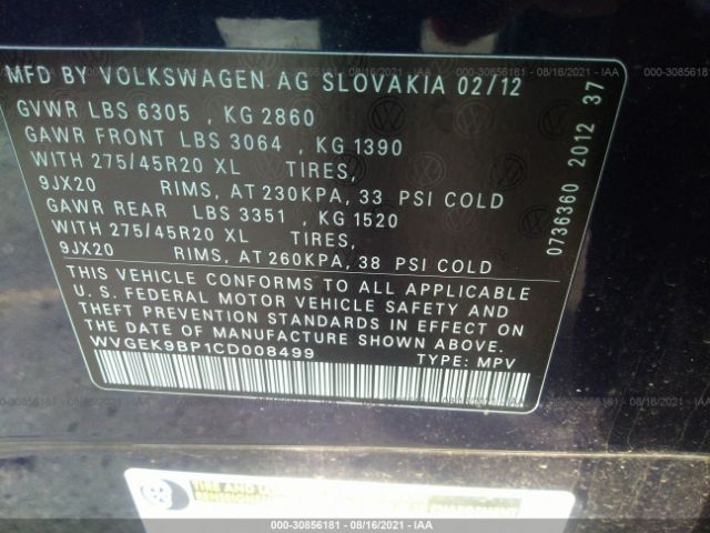 Photo 8 VIN: WVGEK9BP1CD008499 - VOLKSWAGEN TOUAREG 