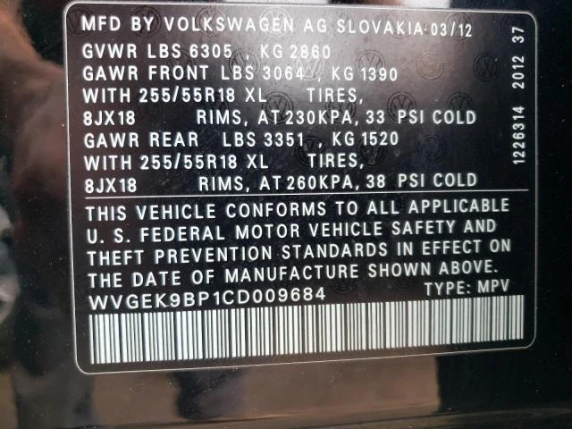 Photo 11 VIN: WVGEK9BP1CD009684 - VOLKSWAGEN TOUAREG V6 