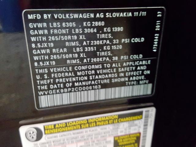 Photo 9 VIN: WVGEK9BP2CD006163 - VOLKSWAGEN TOUAREG V6 