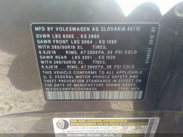 Photo 8 VIN: WVGEK9BPXCD008520 - VOLKSWAGEN TOUAREG 