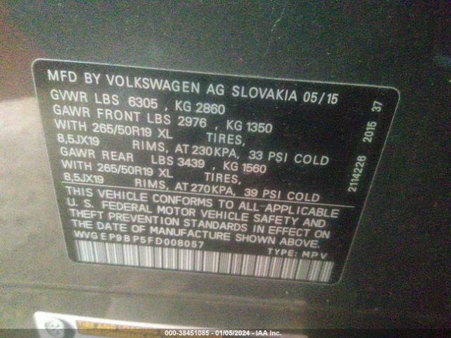 Photo 8 VIN: WVGEP9BP5FD008057 - VOLKSWAGEN TOUAREG 