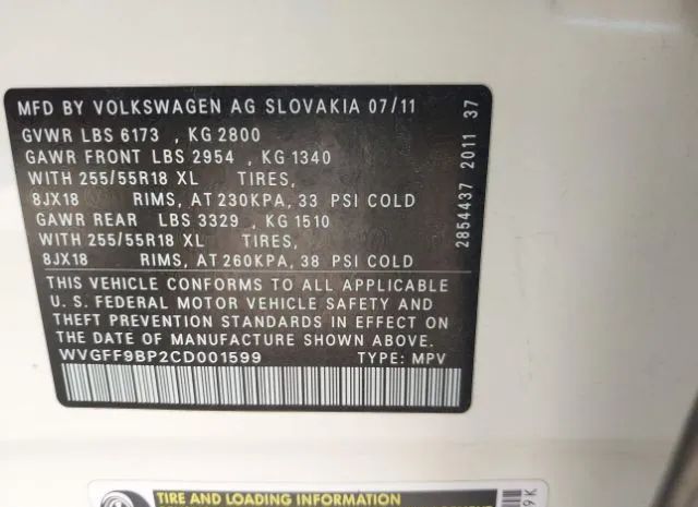 Photo 8 VIN: WVGFF9BP2CD001599 - VOLKSWAGEN TOUAREG 