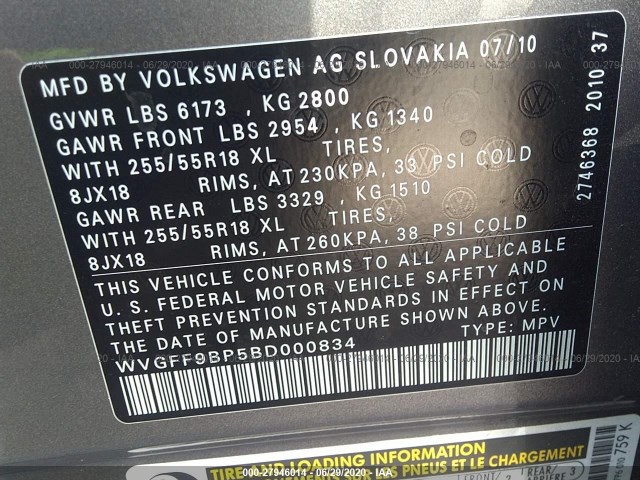 Photo 8 VIN: WVGFF9BP5BD000834 - VOLKSWAGEN TOUAREG 