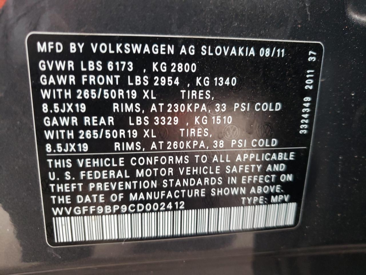 Photo 12 VIN: WVGFF9BP9CD002412 - VOLKSWAGEN TOUAREG 