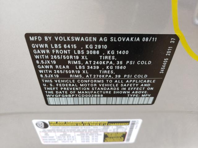 Photo 9 VIN: WVGFG9BP7CD002888 - VOLKSWAGEN TOUAREG 