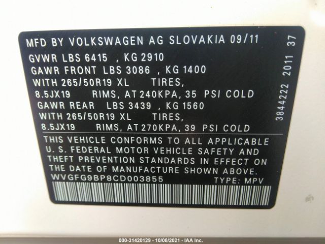 Photo 8 VIN: WVGFG9BP8CD003855 - VOLKSWAGEN TOUAREG 