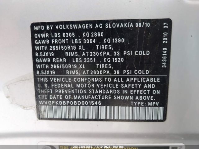 Photo 8 VIN: WVGFK9BP0BD001546 - VOLKSWAGEN TOUAREG 