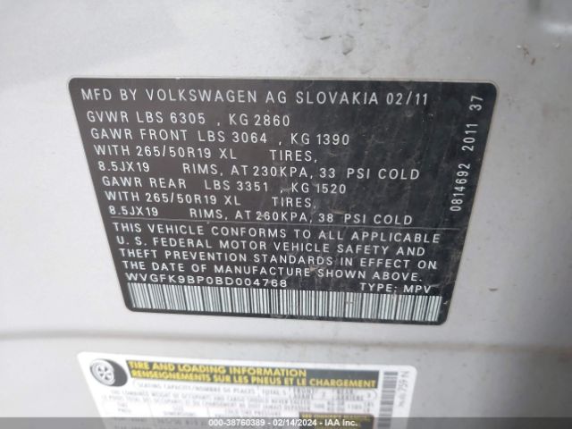 Photo 8 VIN: WVGFK9BP0BD004768 - VOLKSWAGEN TOUAREG 