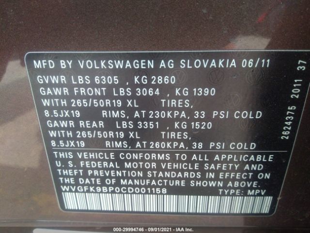 Photo 8 VIN: WVGFK9BP0CD001158 - VOLKSWAGEN TOUAREG 