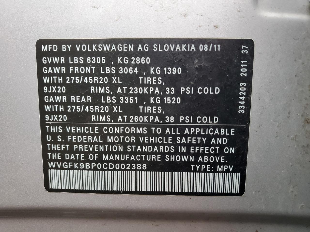 Photo 12 VIN: WVGFK9BP0CD002388 - VOLKSWAGEN TOUAREG 