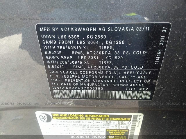 Photo 8 VIN: WVGFK9BP4BD005390 - VOLKSWAGEN TOUAREG 