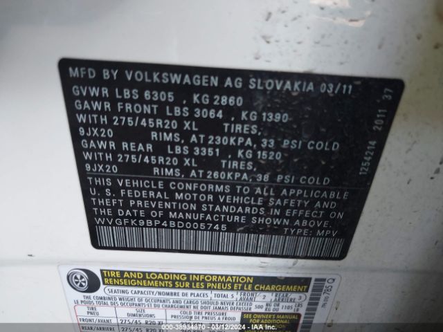 Photo 8 VIN: WVGFK9BP4BD005745 - VOLKSWAGEN TOUAREG 