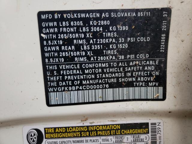 Photo 12 VIN: WVGFK9BP4CD000076 - VOLKSWAGEN TOUAREG 