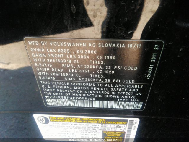 Photo 8 VIN: WVGFK9BP4CD005326 - VOLKSWAGEN TOUAREG 