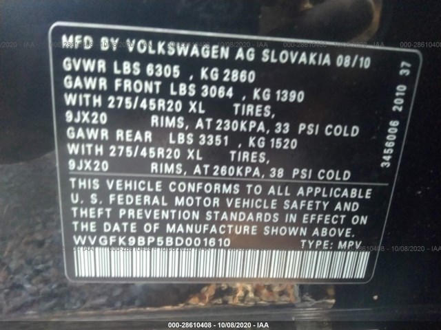 Photo 8 VIN: WVGFK9BP5BD001610 - VOLKSWAGEN TOUAREG 