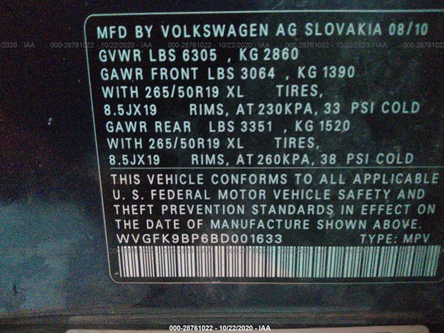 Photo 8 VIN: WVGFK9BP6BD001633 - VOLKSWAGEN TOUAREG 