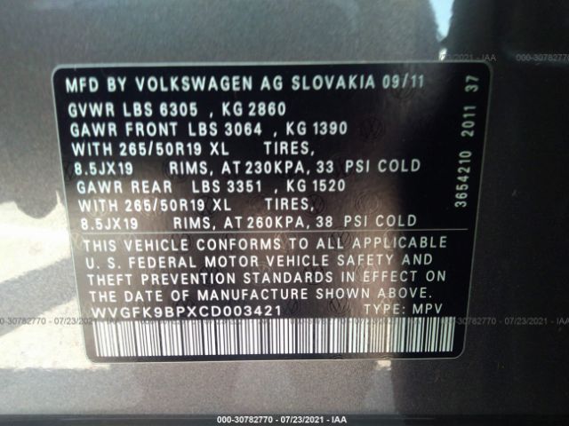 Photo 8 VIN: WVGFK9BPXCD003421 - VOLKSWAGEN TOUAREG 