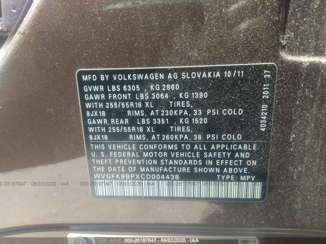 Photo 8 VIN: WVGFK9BPXCD004438 - VOLKSWAGEN TOUAREG 