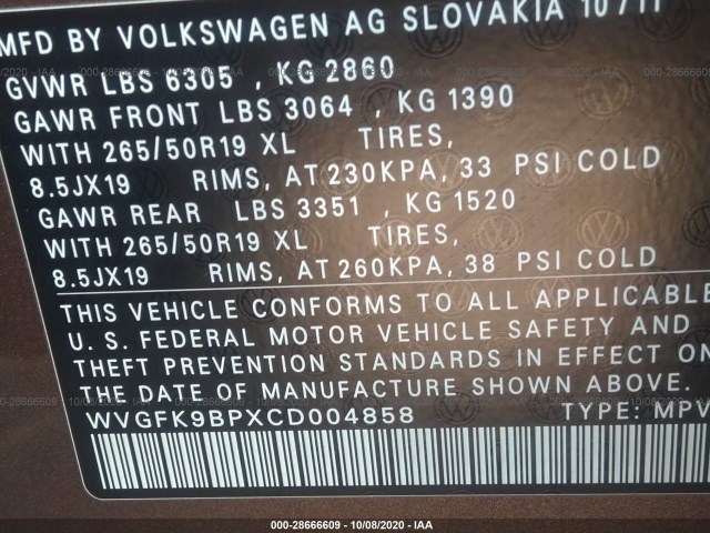 Photo 8 VIN: WVGFK9BPXCD004858 - VOLKSWAGEN TOUAREG 