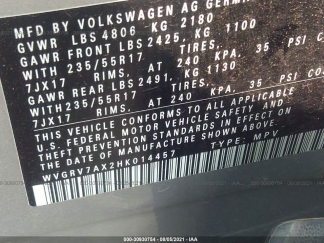 Photo 8 VIN: WVGRV7AX2HK014457 - VOLKSWAGEN TIGUAN 