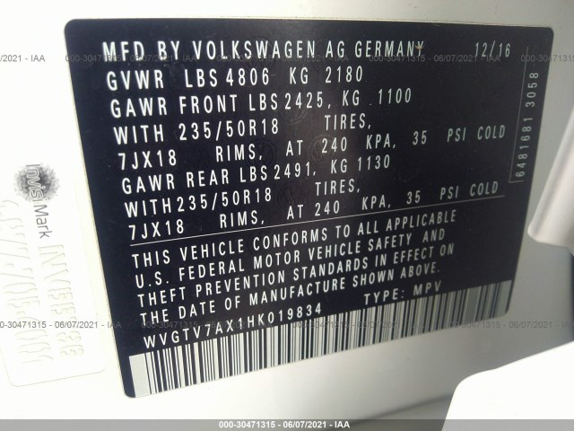 Photo 8 VIN: WVGTV7AX1HK019834 - VOLKSWAGEN TIGUAN 