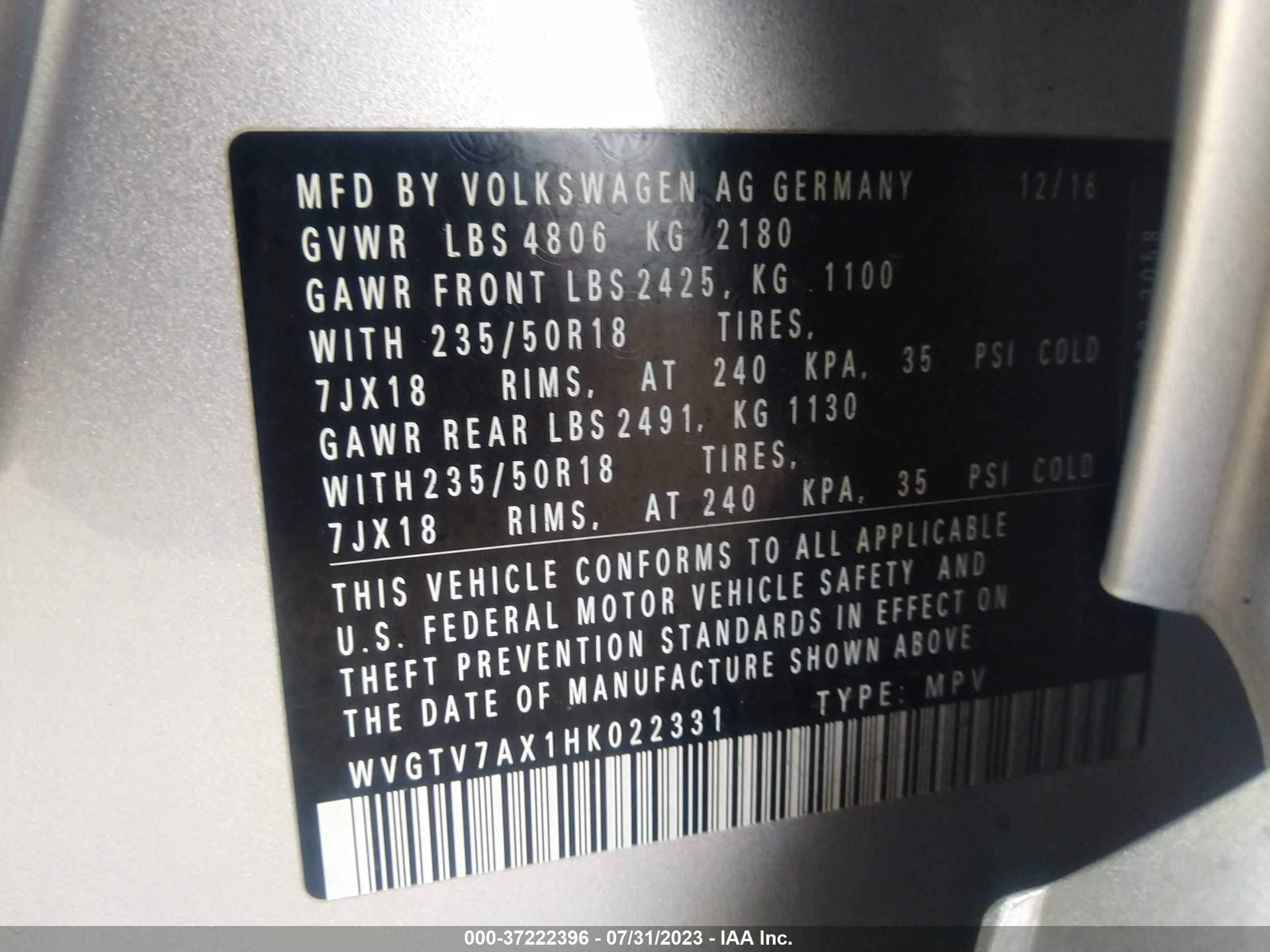 Photo 8 VIN: WVGTV7AX1HK022331 - VOLKSWAGEN TIGUAN 