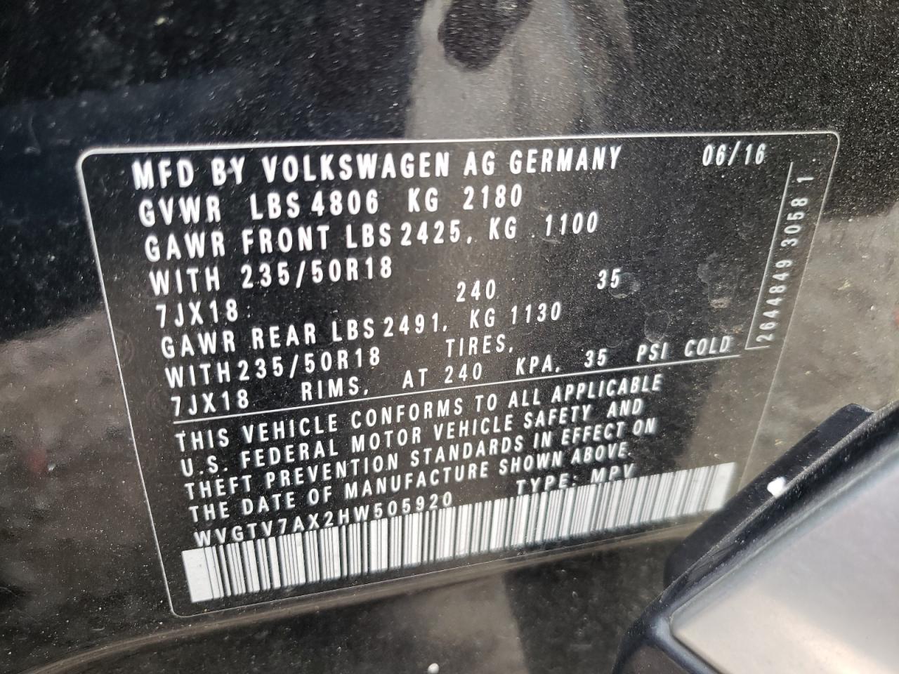 Photo 12 VIN: WVGTV7AX2HW505920 - VOLKSWAGEN TIGUAN 