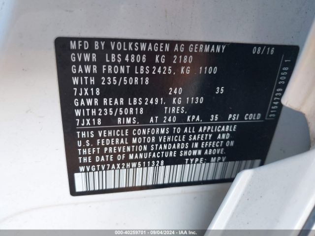 Photo 8 VIN: WVGTV7AX2HW511328 - VOLKSWAGEN TIGUAN 