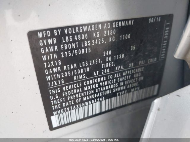 Photo 8 VIN: WVGTV7AX5HW504244 - VOLKSWAGEN TIGUAN 