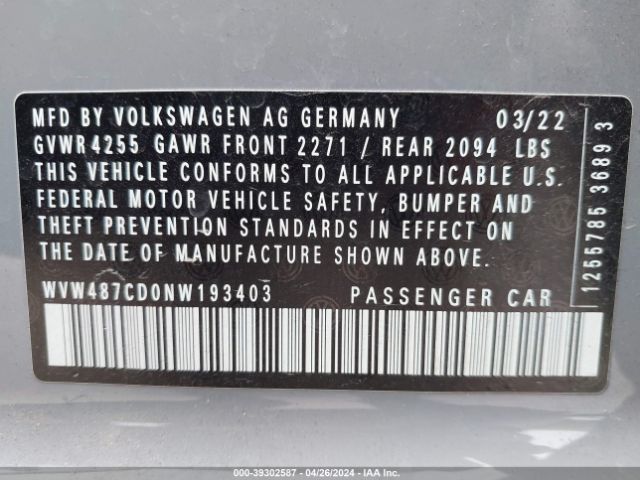 Photo 8 VIN: WVW487CD0NW193403 - VOLKSWAGEN GOLF 