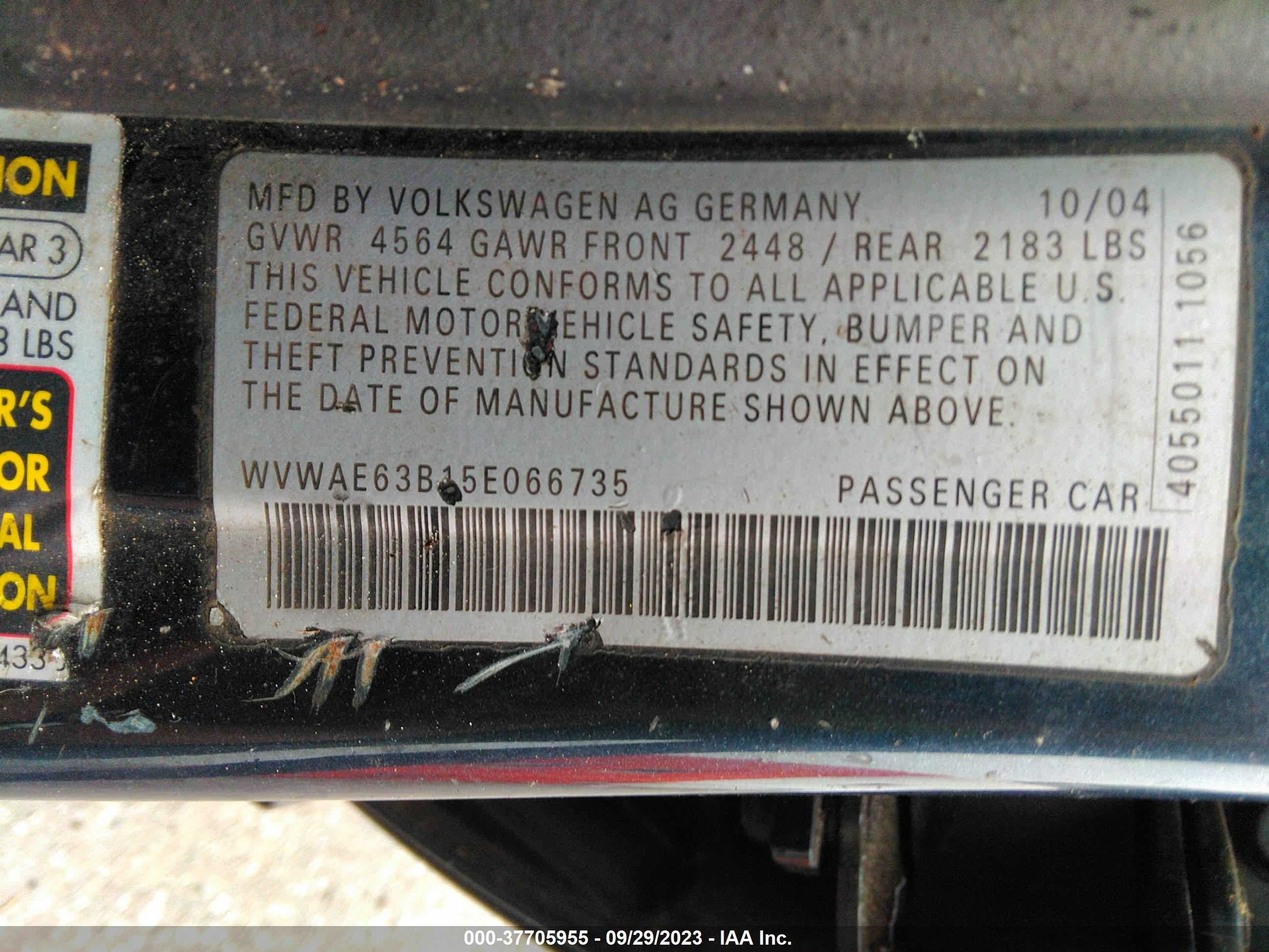 Photo 8 VIN: WVWAE63B15E066735 - VOLKSWAGEN PASSAT 