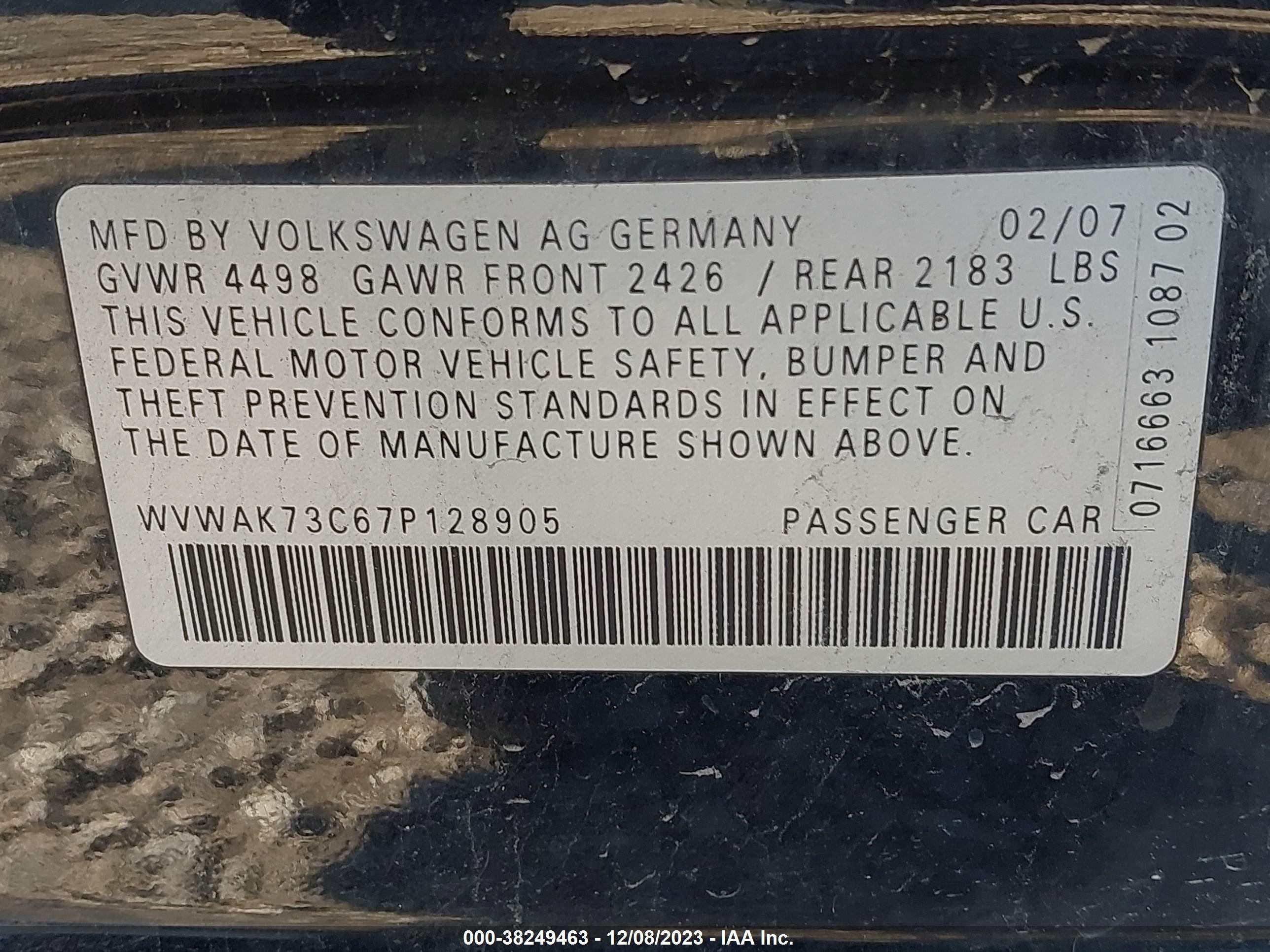 Photo 8 VIN: WVWAK73C67P128905 - VOLKSWAGEN PASSAT 