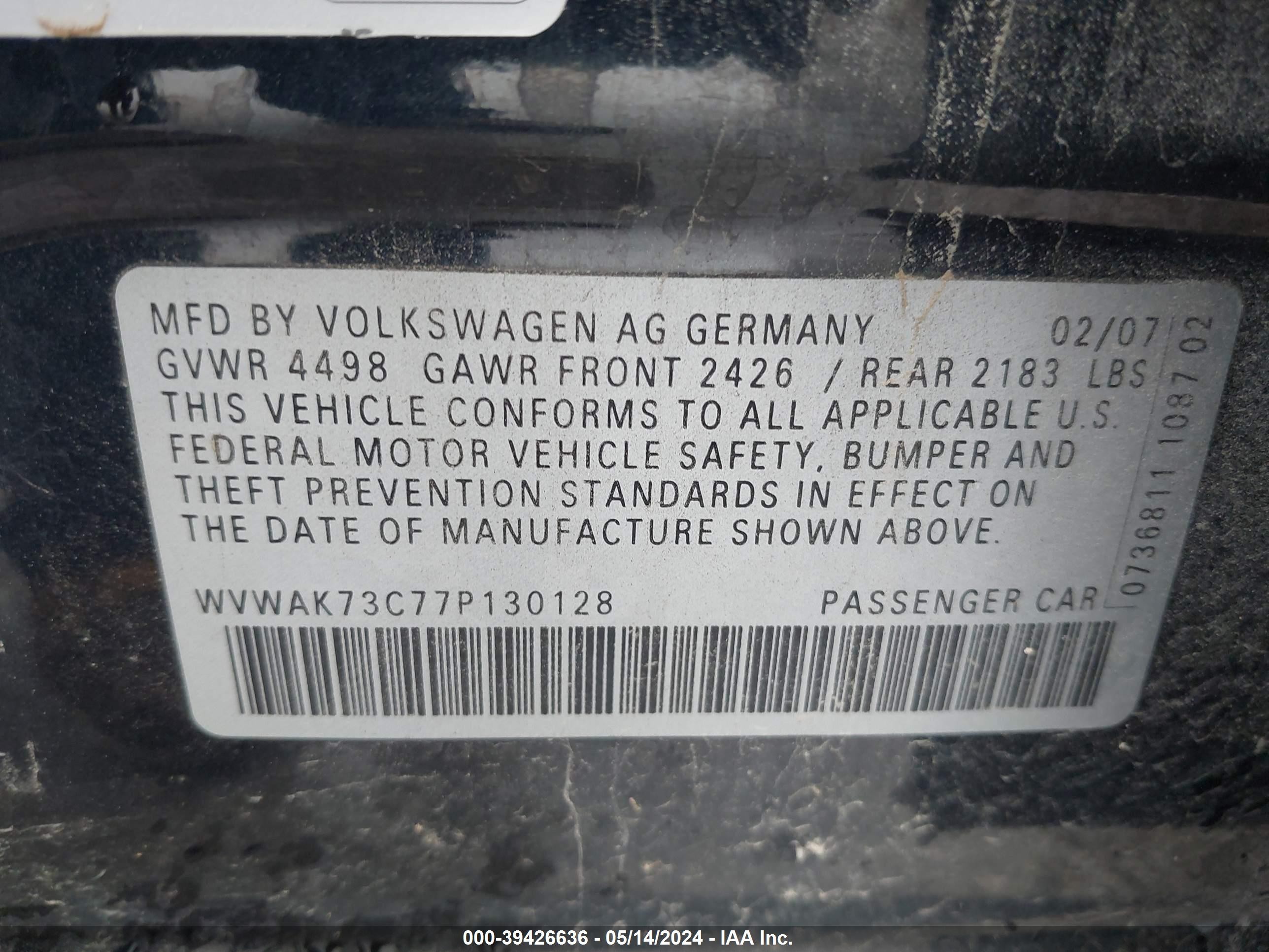 Photo 9 VIN: WVWAK73C77P130128 - VOLKSWAGEN PASSAT 