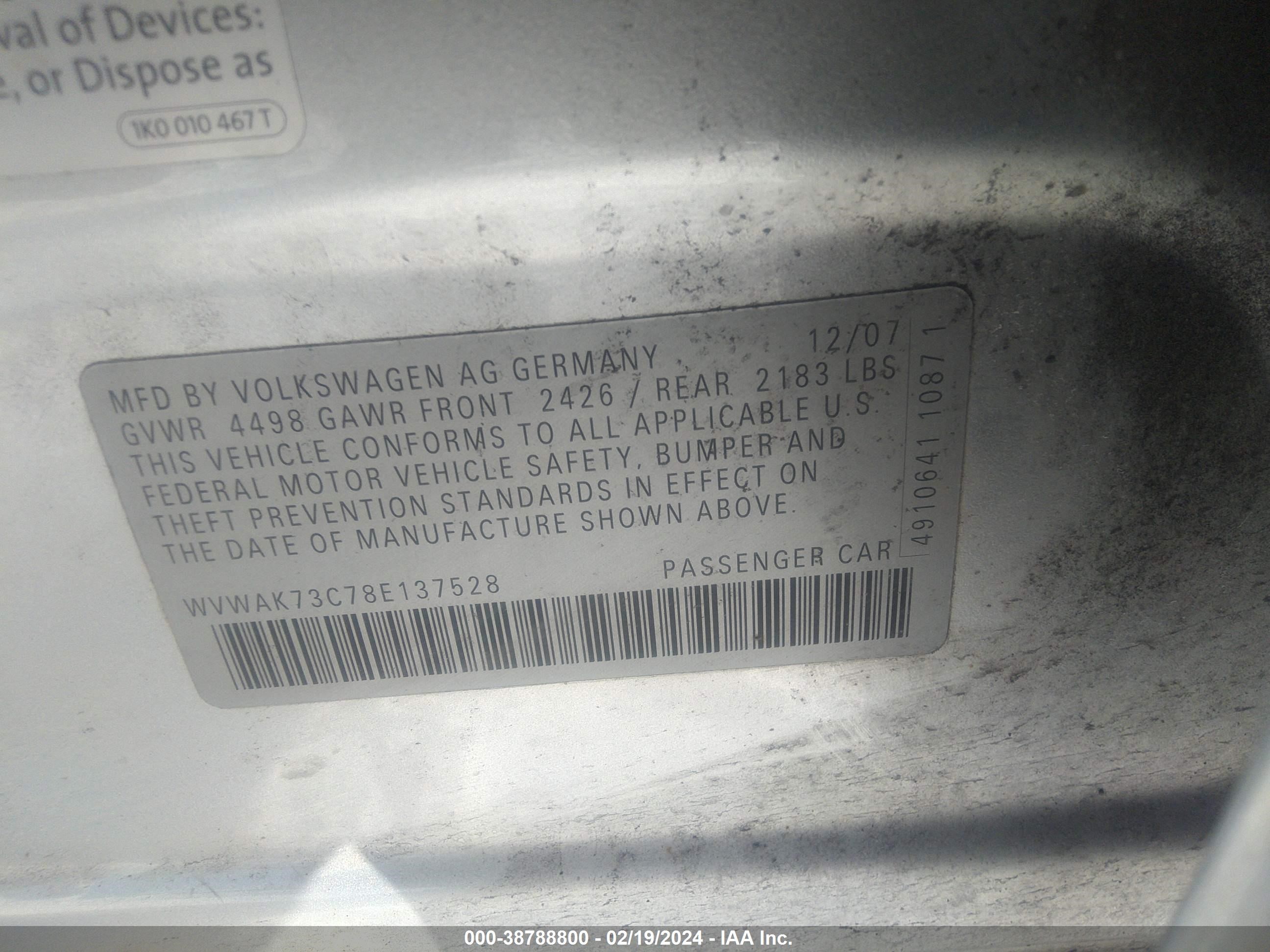 Photo 8 VIN: WVWAK73C78E137528 - VOLKSWAGEN PASSAT 