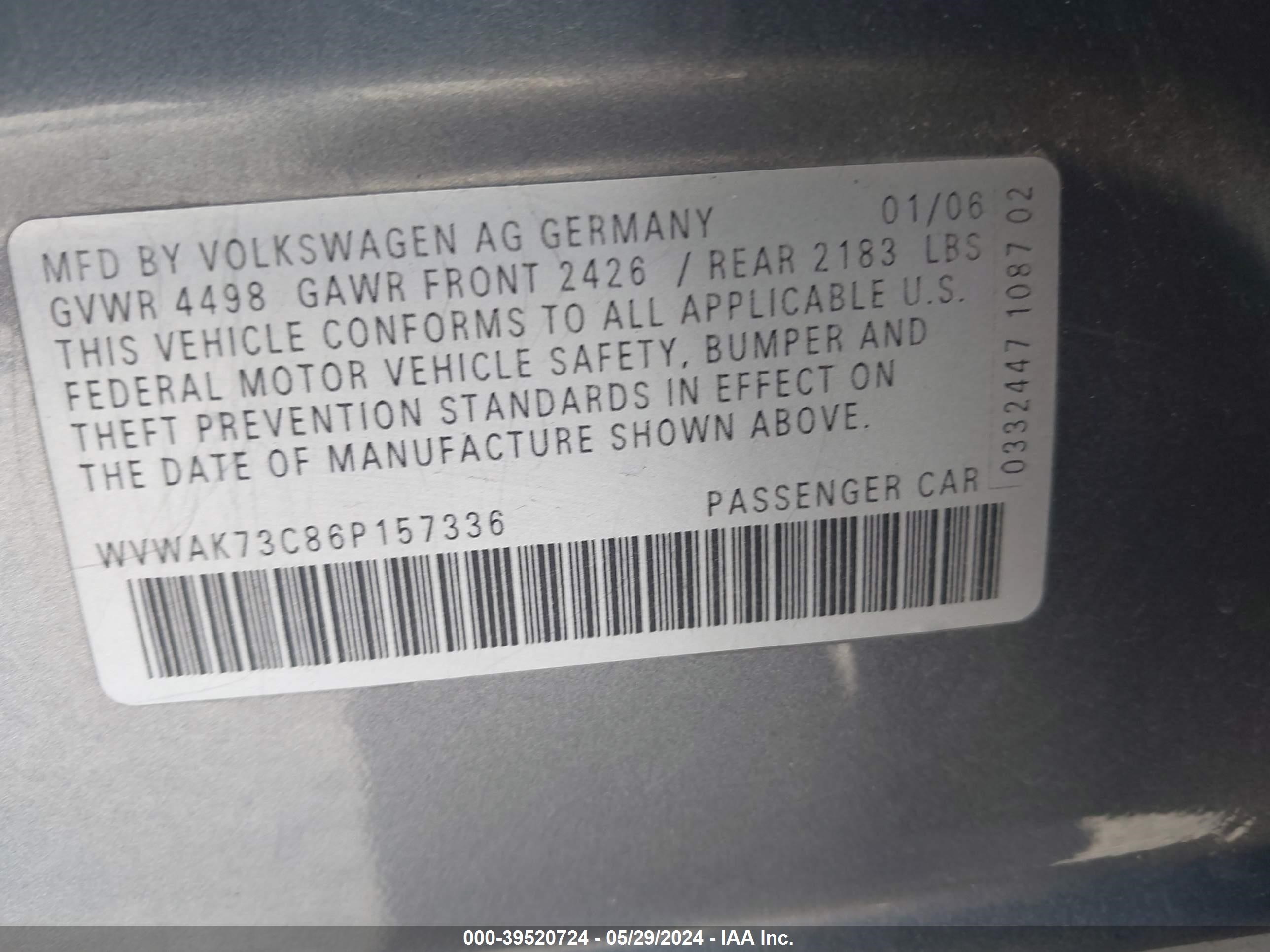 Photo 8 VIN: WVWAK73C86P157336 - VOLKSWAGEN PASSAT 