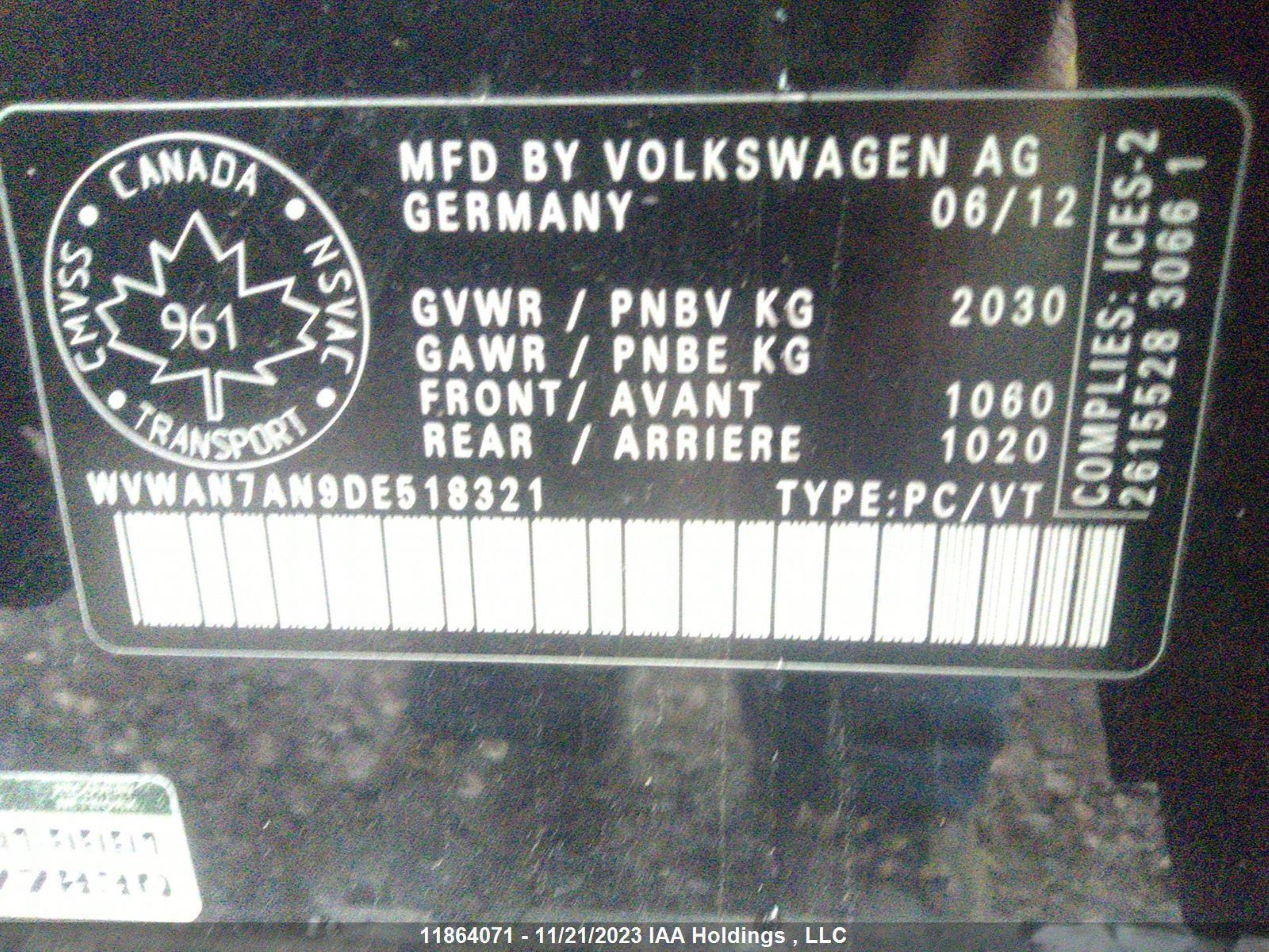 Photo 6 VIN: WVWAN7AN9DE518321 - VOLKSWAGEN PASSAT 