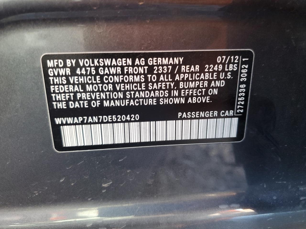 Photo 11 VIN: WVWAP7AN7DE520420 - VOLKSWAGEN PASSAT 