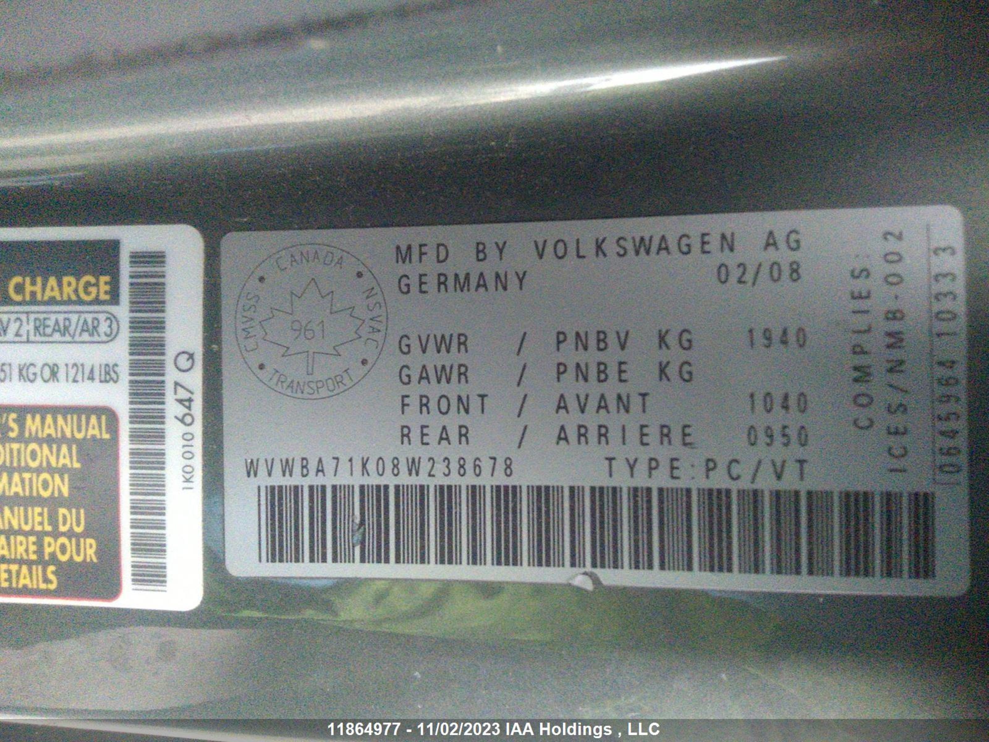 Photo 8 VIN: WVWBA71K08W238678 - VOLKSWAGEN GOLF 