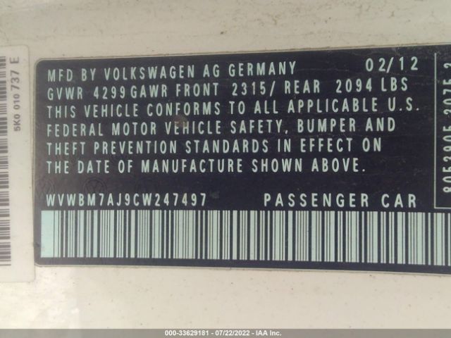 Photo 8 VIN: WVWBM7AJ9CW247497 - VOLKSWAGEN GOLF 