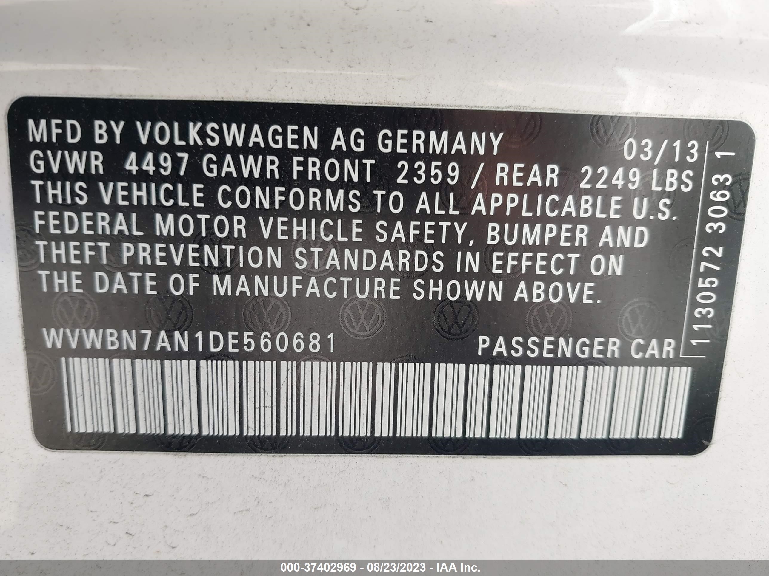 Photo 8 VIN: WVWBN7AN1DE560681 - VOLKSWAGEN PASSAT 