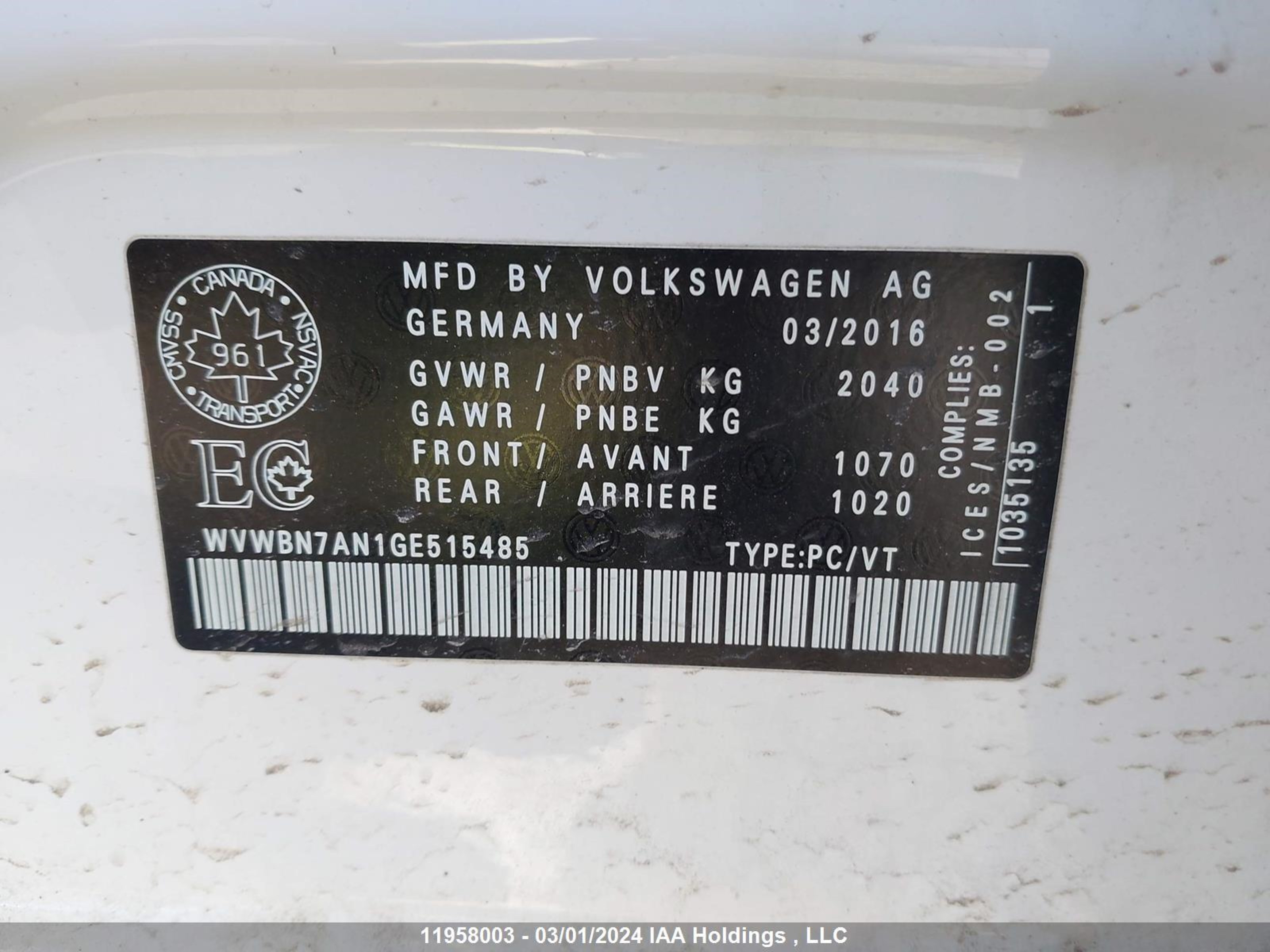 Photo 8 VIN: WVWBN7AN1GE515485 - VOLKSWAGEN PASSAT 