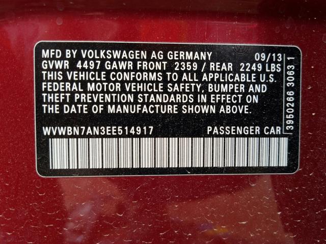 Photo 9 VIN: WVWBN7AN3EE514917 - VOLKSWAGEN PASSAT 