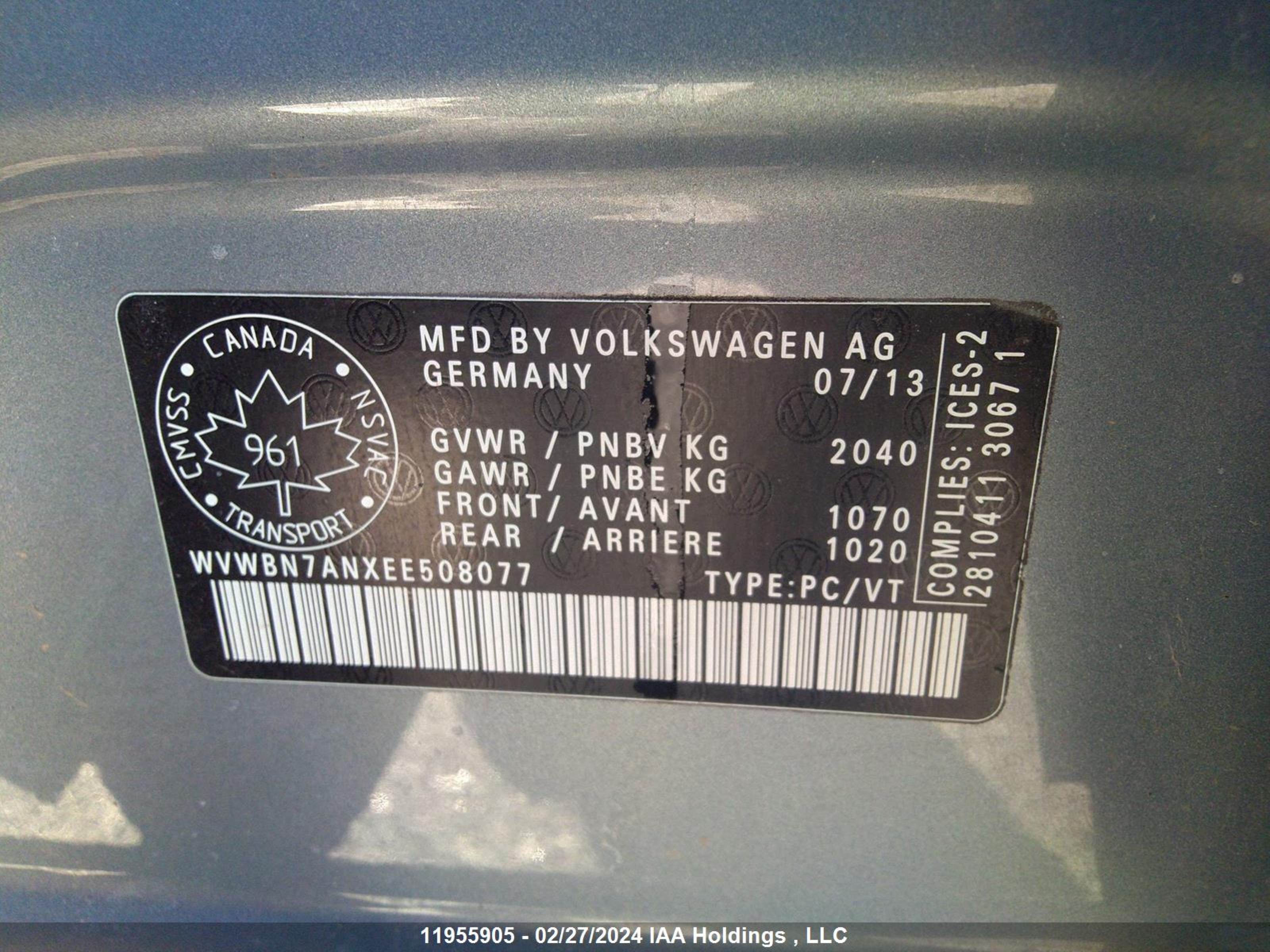 Photo 8 VIN: WVWBN7ANXEE508077 - VOLKSWAGEN PASSAT CC 