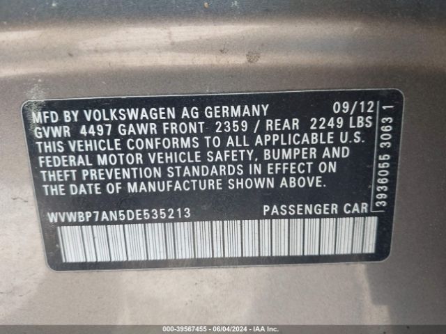 Photo 8 VIN: WVWBP7AN5DE535213 - VOLKSWAGEN PASSAT 