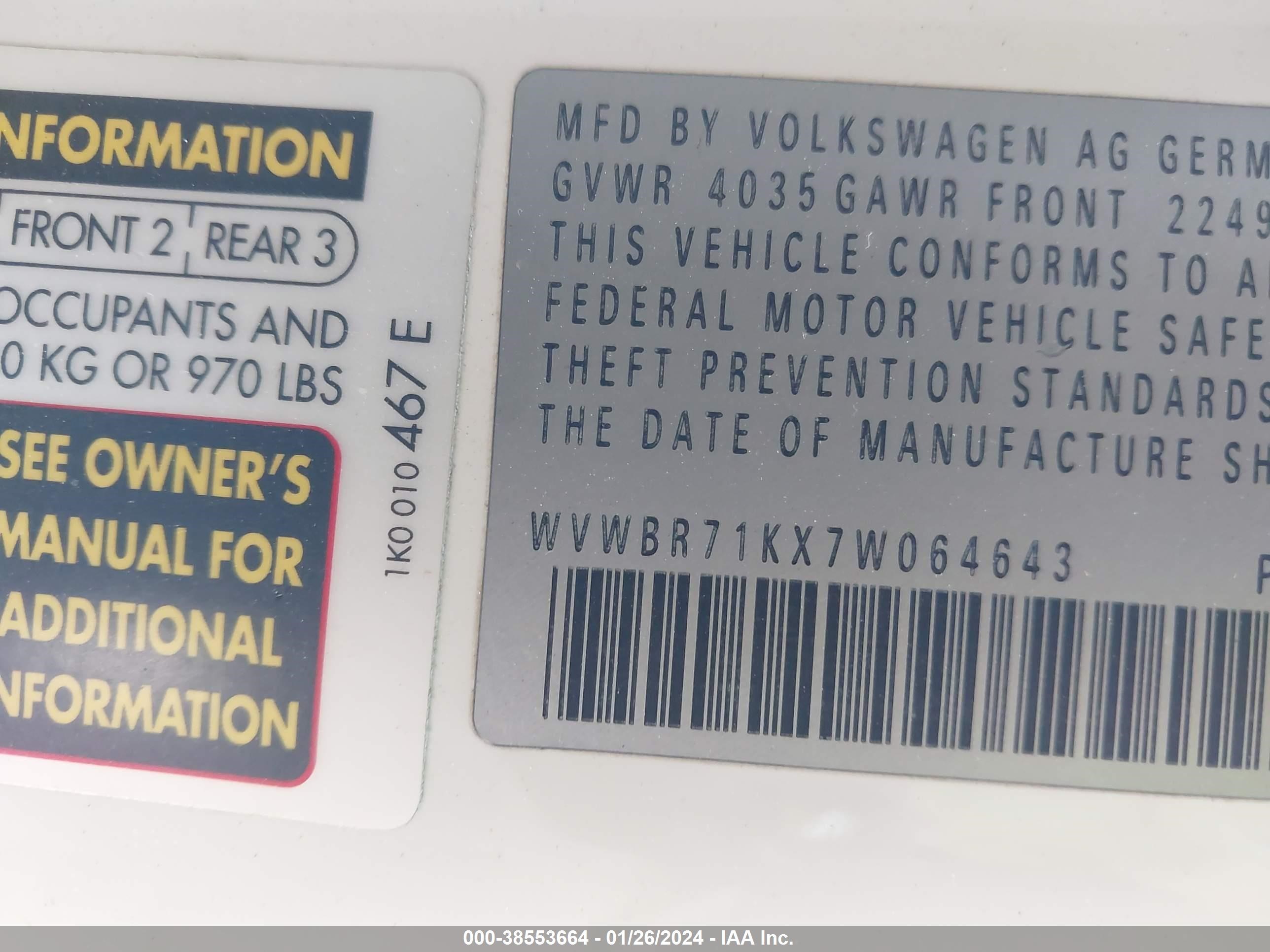 Photo 8 VIN: WVWBR71KX7W064643 - VOLKSWAGEN GOLF 