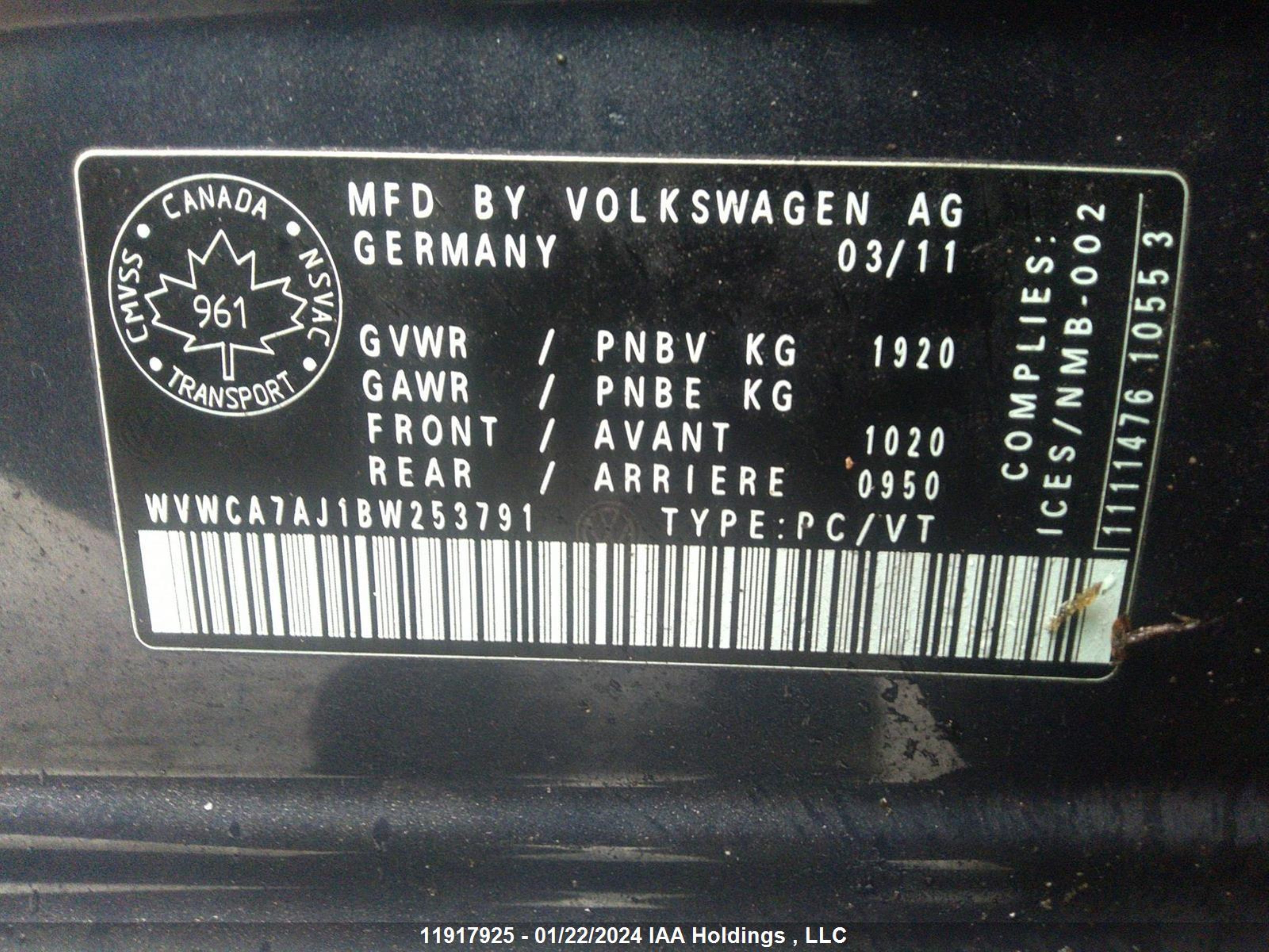 Photo 8 VIN: WVWCA7AJ1BW253791 - VOLKSWAGEN GOLF 