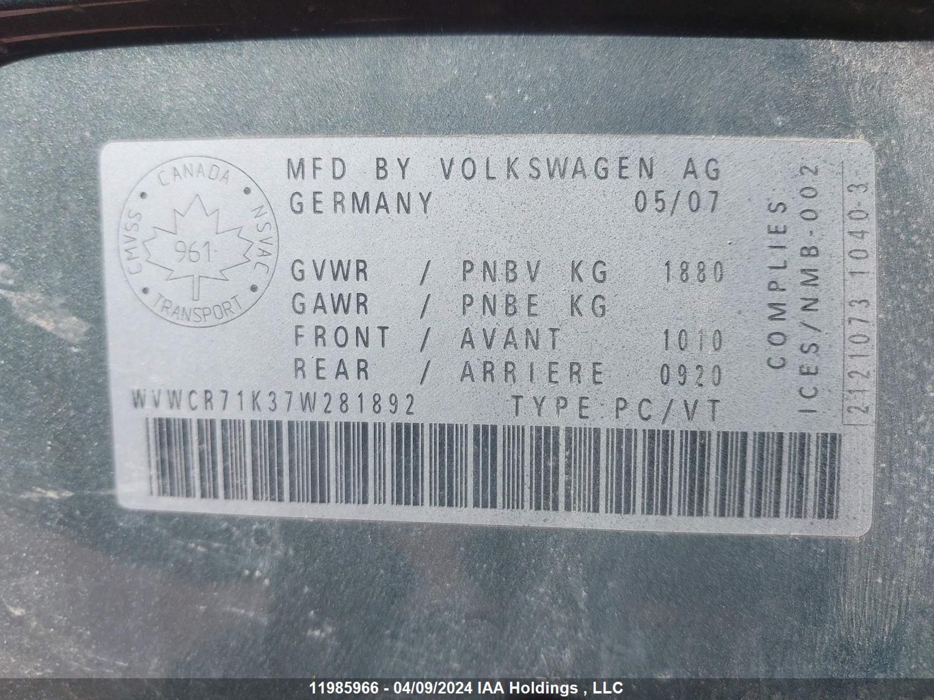 Photo 8 VIN: WVWCR71K37W281892 - VOLKSWAGEN GOLF 